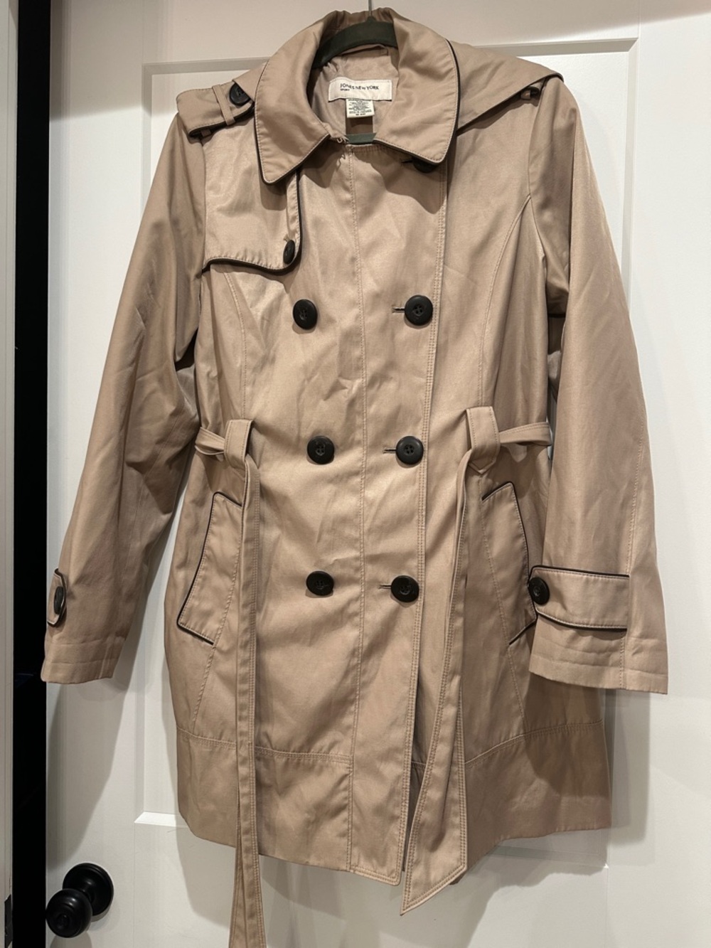 Jones New York Hooded Khaki Trench Coat with brown accents